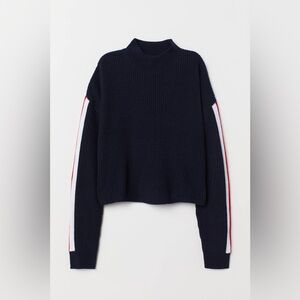 H&M DIVIDED Navy Turtle Neck Ribbed Knit Striped Sleeved Crop Sweater